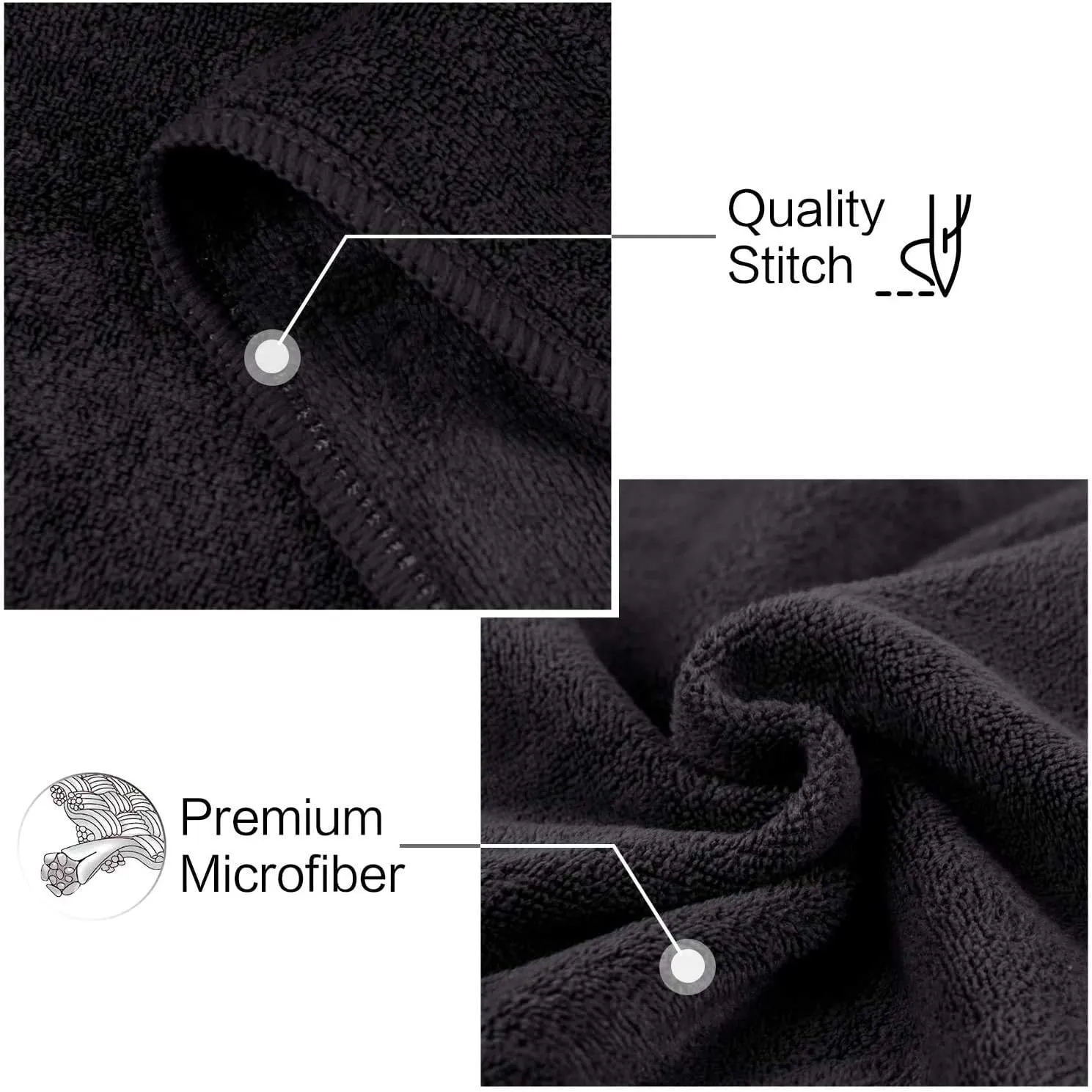 3 Pcs Black Microfibre Sports Gym Towels, 40X80cm Fast Drying & Absorbent