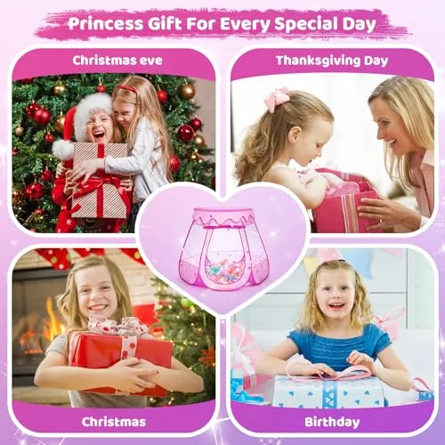 Baby Girl Toys for 1 2 3 Year Old Birthday Gift, Pop Up Princess Tent with Star Lights for 6 12 18 Months Babies, Ball Pits for Toddlers 1-3 with Carrying Bag, Play Tent for Kids Indoor|Outdoor