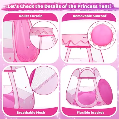 Baby Girl Toys for 1 2 3 Year Old Birthday Gift, Pop Up Princess Tent with Star Lights for 6 12 18 Months Babies, Ball Pits for Toddlers 1-3 with Carrying Bag, Play Tent for Kids Indoor|Outdoor