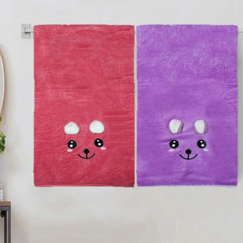 Bear-y Soft Microfiber Bath Towel (Red & Purple) - Set Of Two