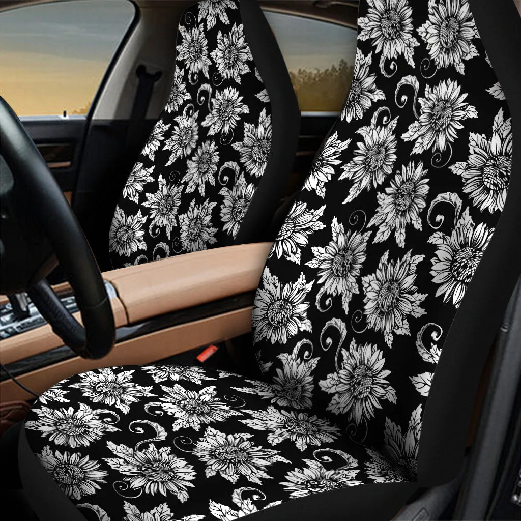 Black And White Vintage Sunflower Print Universal Fit Car Seat Covers