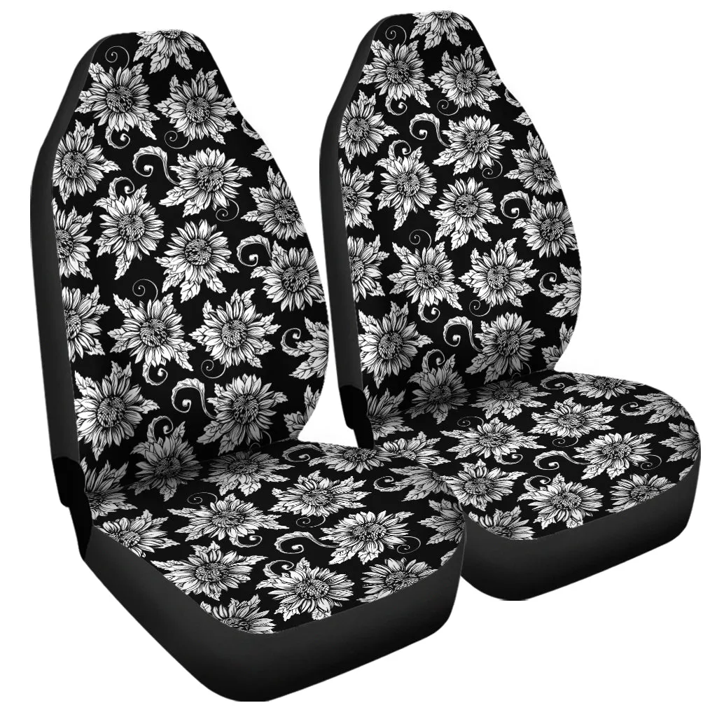 Black And White Vintage Sunflower Print Universal Fit Car Seat Covers
