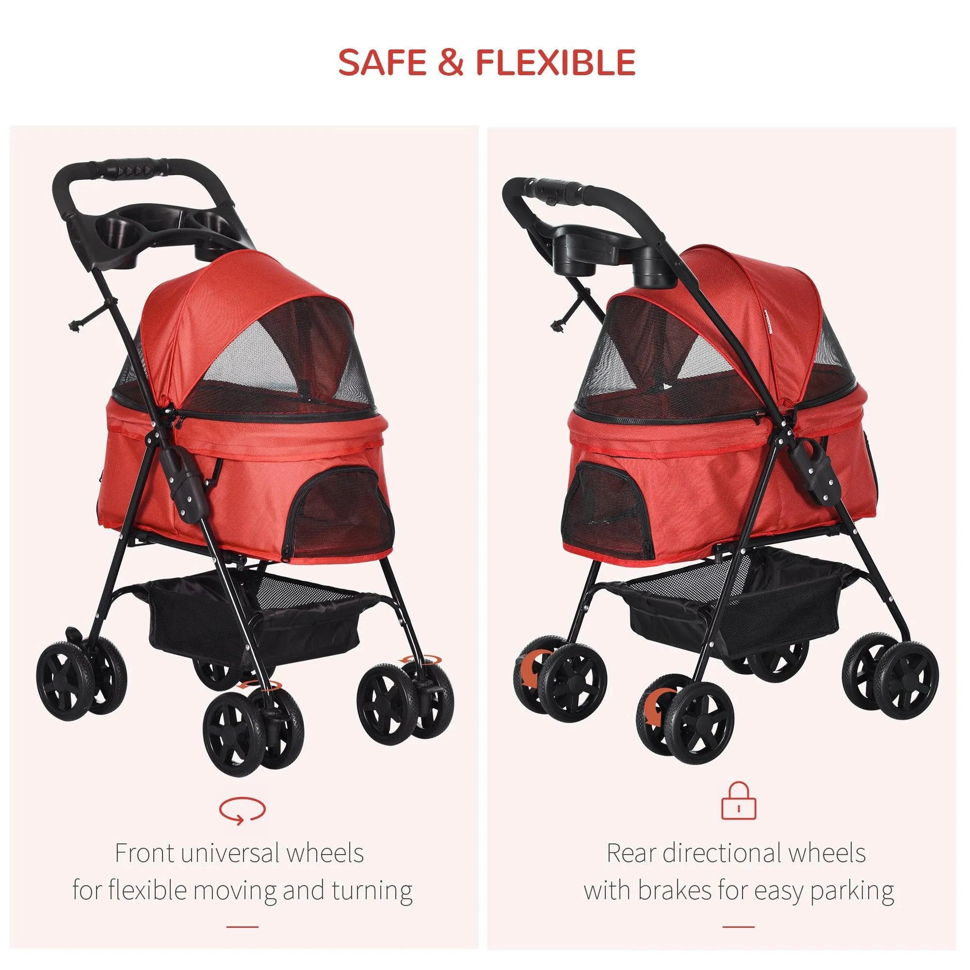 Cat Stroller with Rain Cover and EVA Wheels - Red