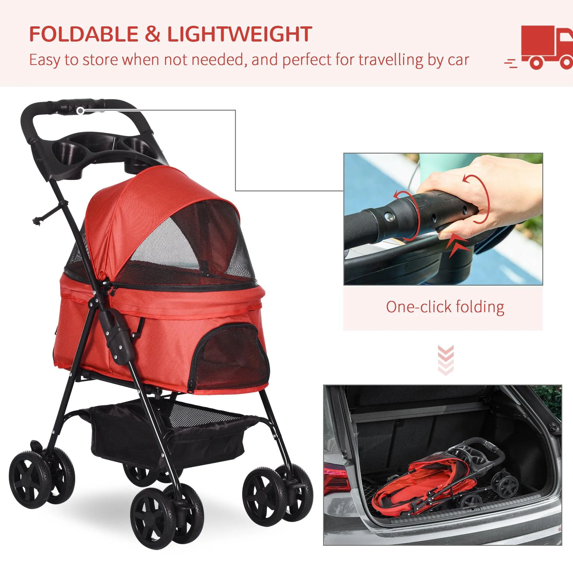 Cat Stroller with Rain Cover and EVA Wheels - Red