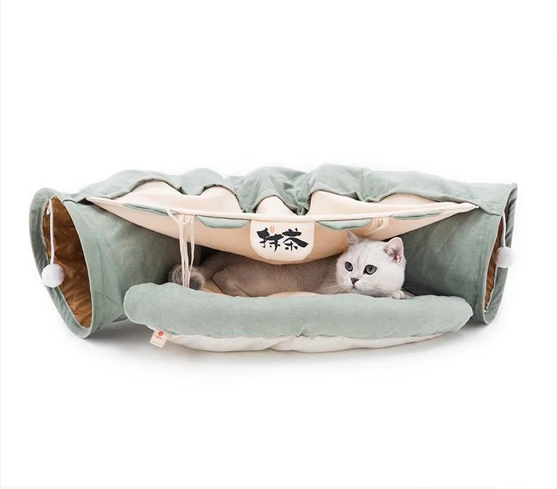 Lovely Caves Cat Tunnel Bed with Toys Hideout House Tube with Removable Washable Mat