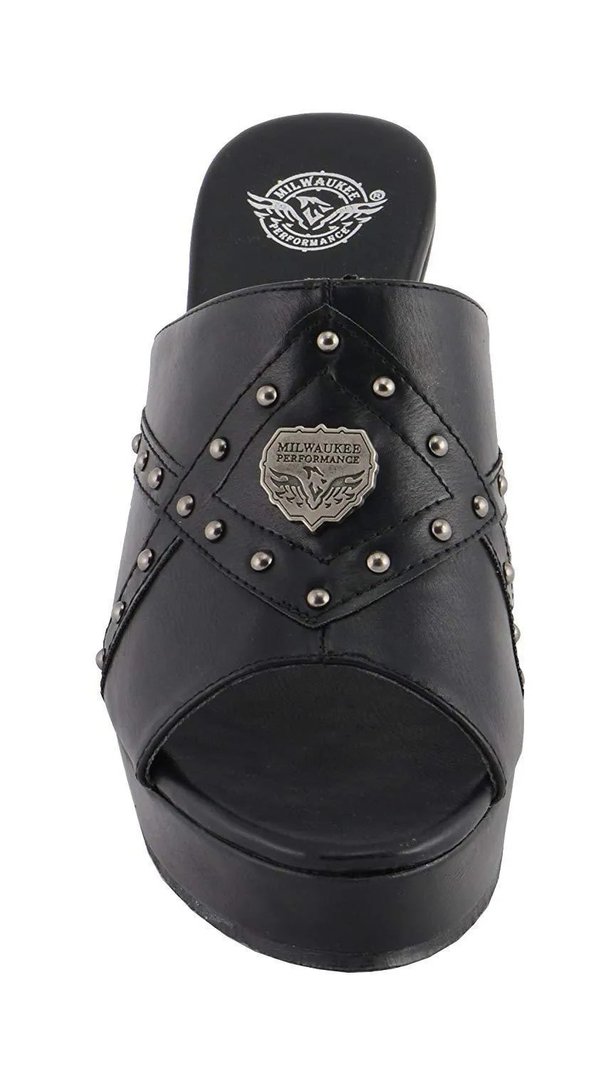 Milwaukee Performance-MBL9407-Ladies Black Studded Crossover Open Toe Wedge