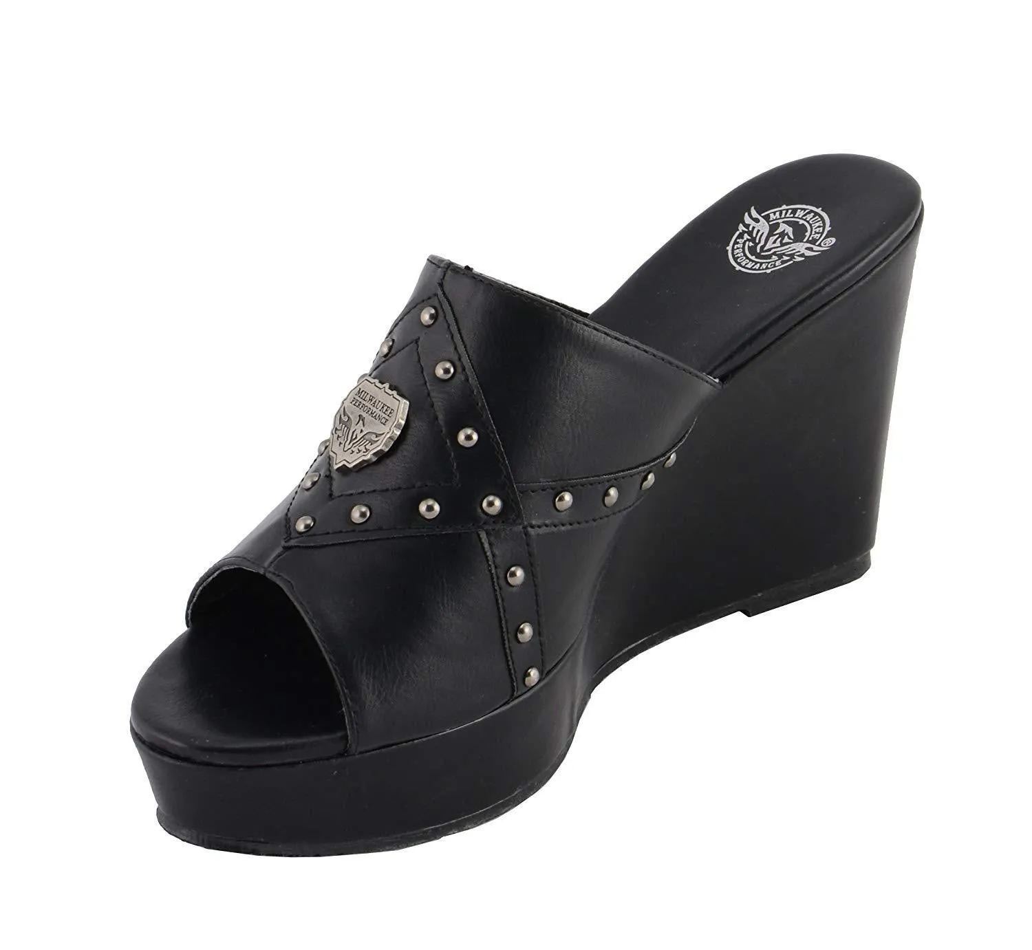 Milwaukee Performance-MBL9407-Ladies Black Studded Crossover Open Toe Wedge
