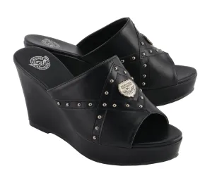 Milwaukee Performance-MBL9407-Ladies Black Studded Crossover Open Toe Wedge