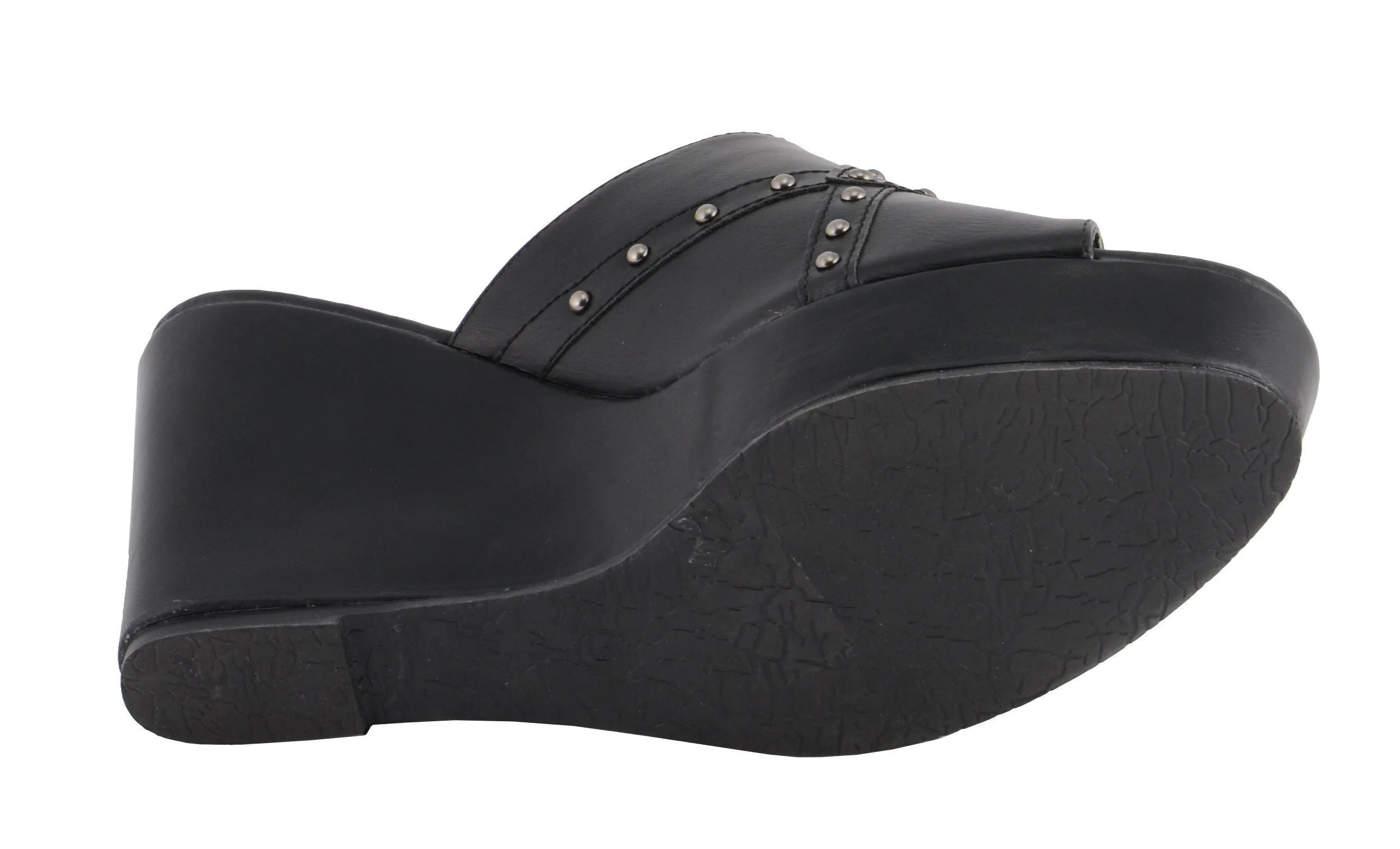 Milwaukee Performance-MBL9407-Ladies Black Studded Crossover Open Toe Wedge