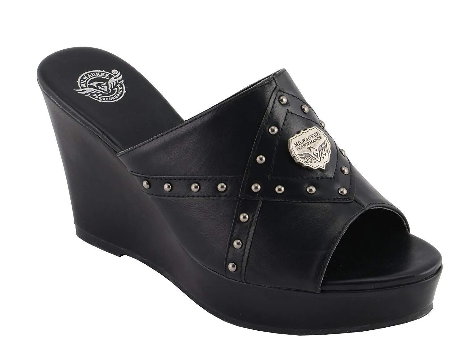 Milwaukee Performance-MBL9407-Ladies Black Studded Crossover Open Toe Wedge