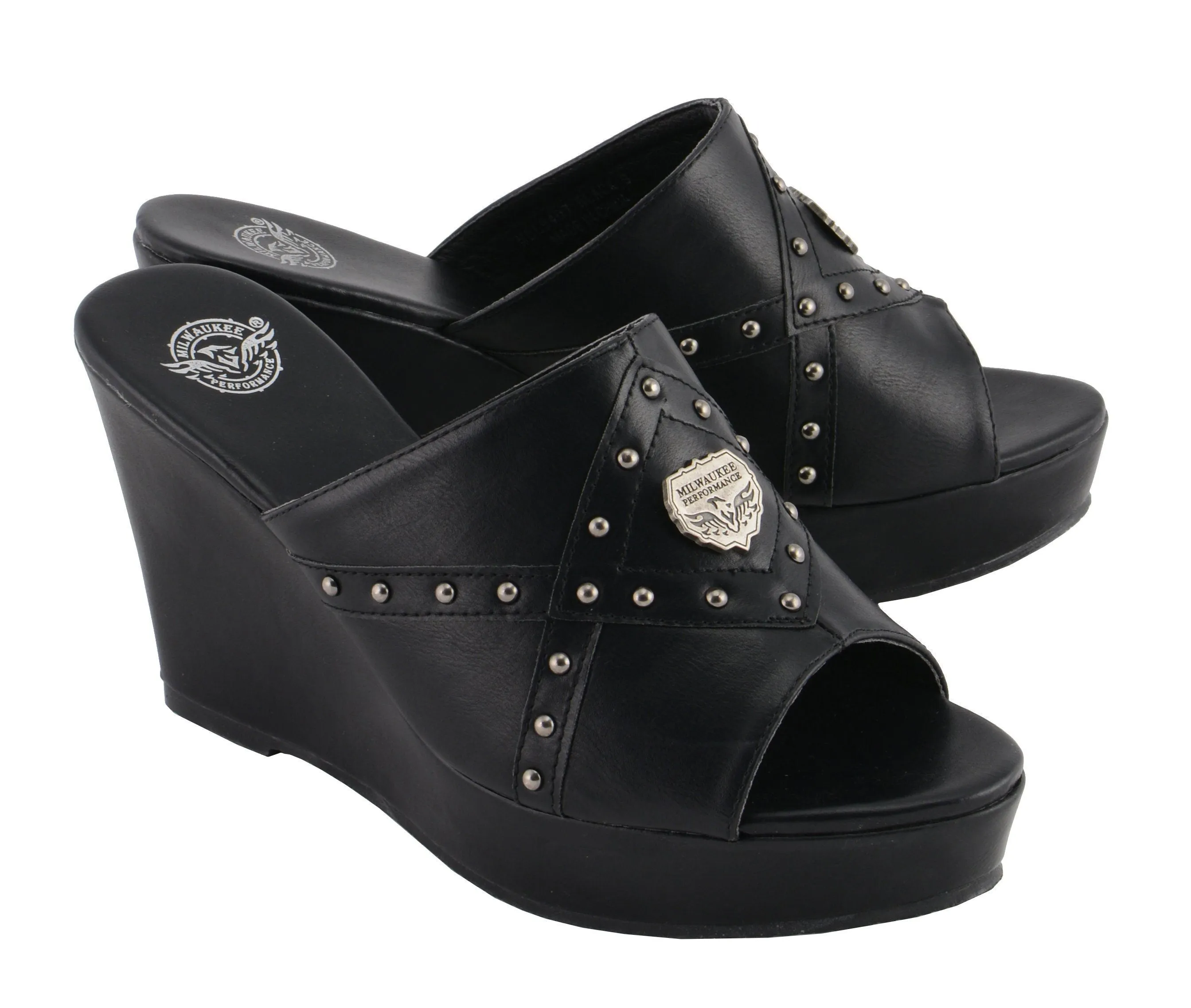 Milwaukee Performance-MBL9407-Ladies Black Studded Crossover Open Toe Wedge