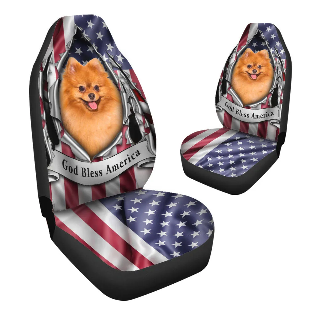 Pomeranian Dog Inside Flag Gob Bless America  Car Seat Covers