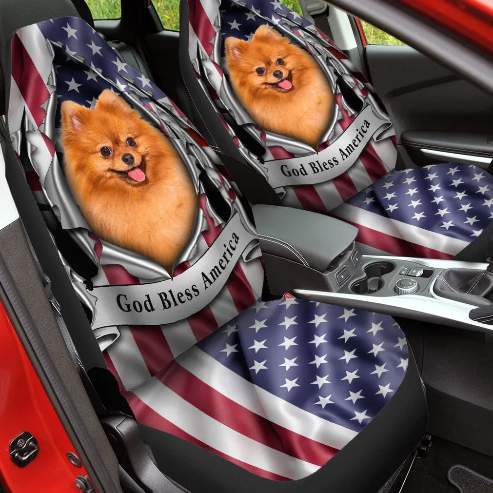 Pomeranian Dog Inside Flag Gob Bless America  Car Seat Covers