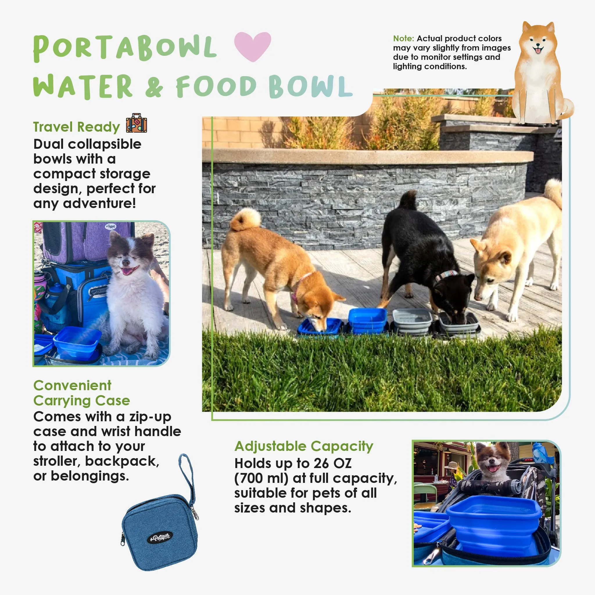 Portabowl Water & Food Bowl: FDA Tested, Non-Toxic, Dishwasher Safe, Detachable, Collapsible, Zipper Carrying Case, Wrist Handle, Clip, 26 OZ FULL Capacity, 24 OZ Second Level, 13 OZ First Level