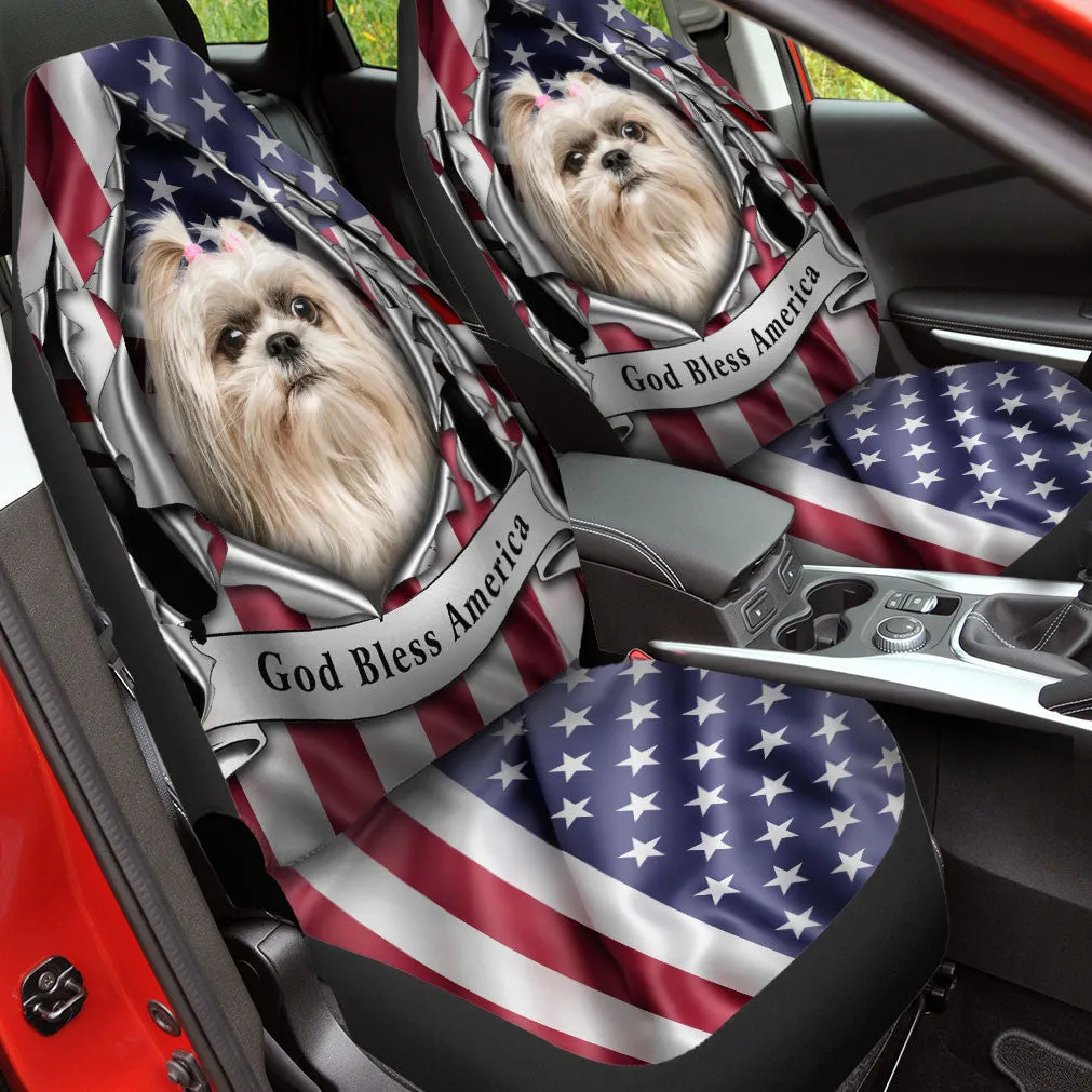 Shih Tzu Dog Inside Flag Gob Bless America  Car Seat Covers
