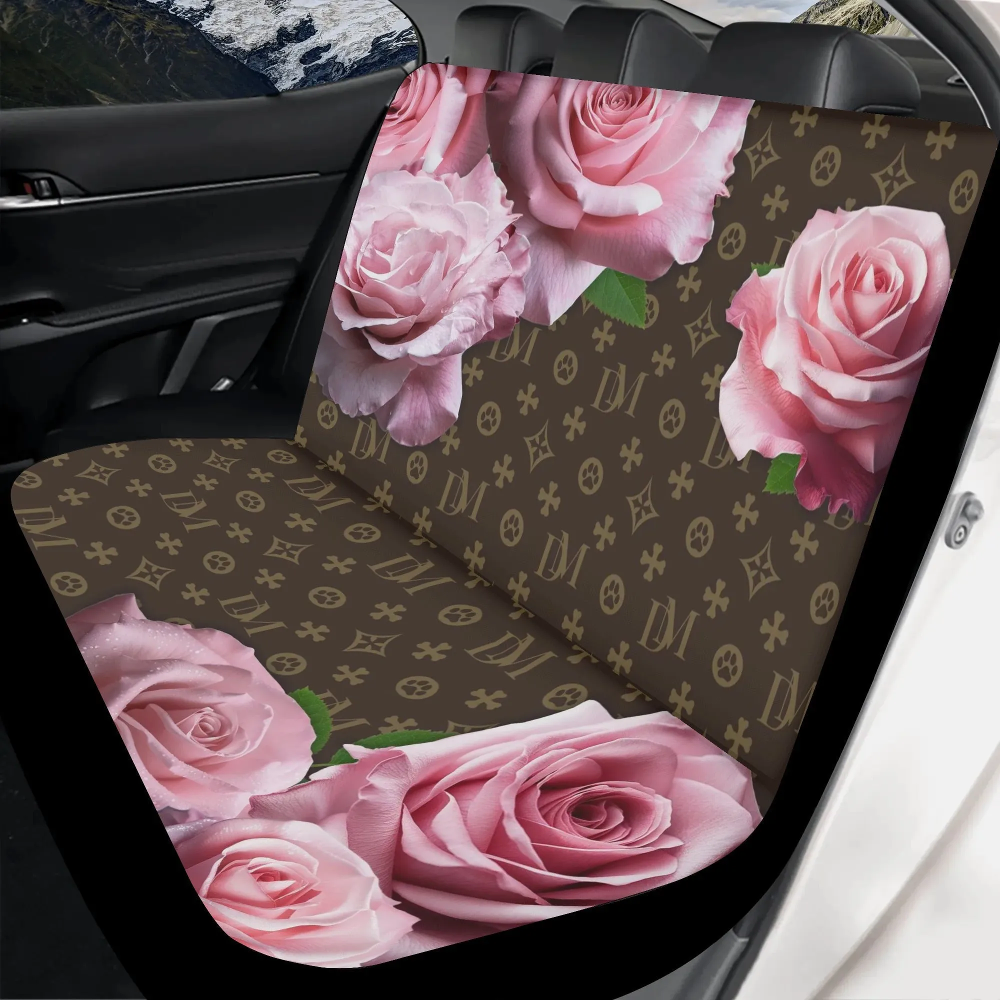 Signature Dog Mom Pink Rose "DM"  Motif Soft and Light Dog Car Seat Cover (2pcs)