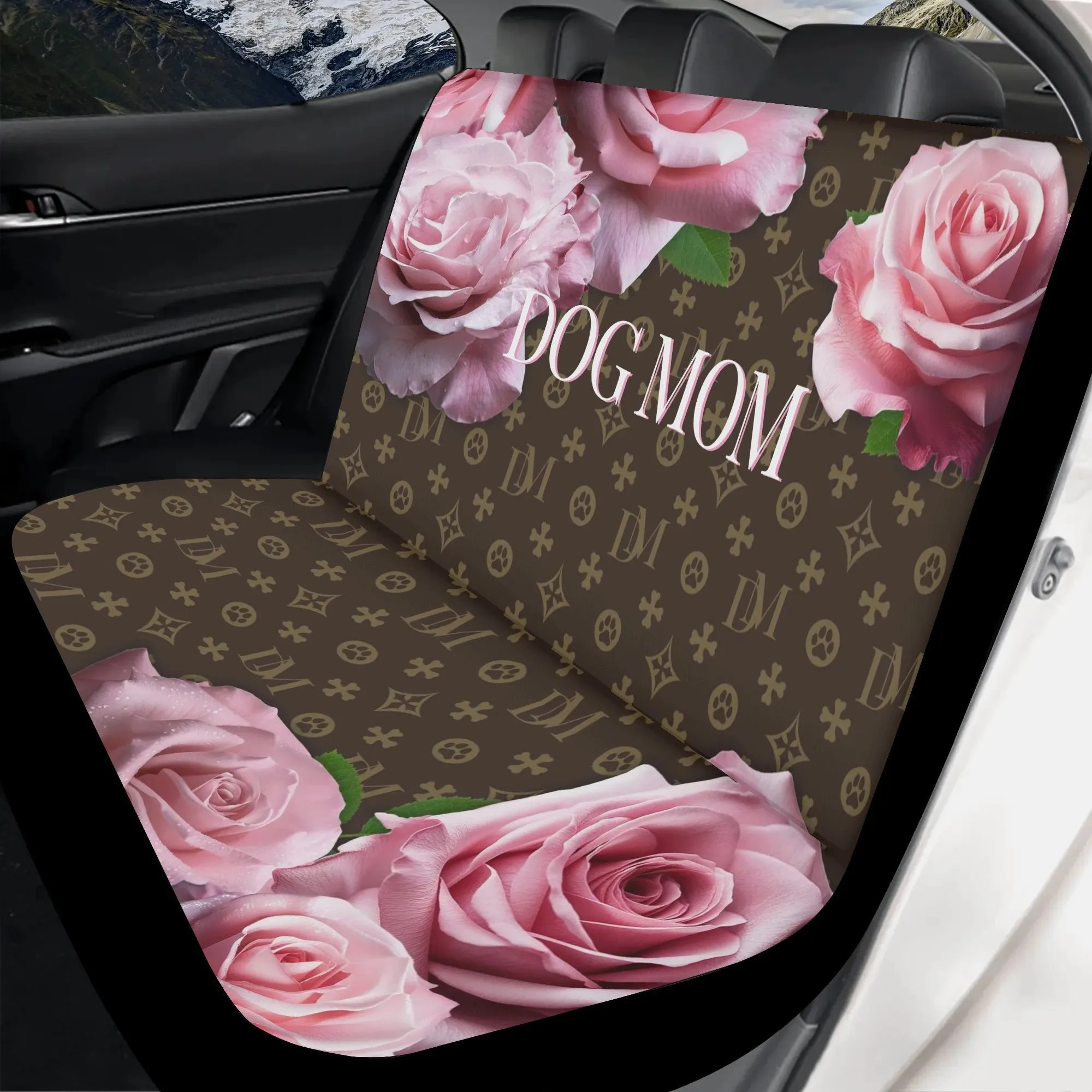 Signature Dog Mom Pink Rose "DM"  Motif Soft and Light Dog Car Seat Cover (2pcs)