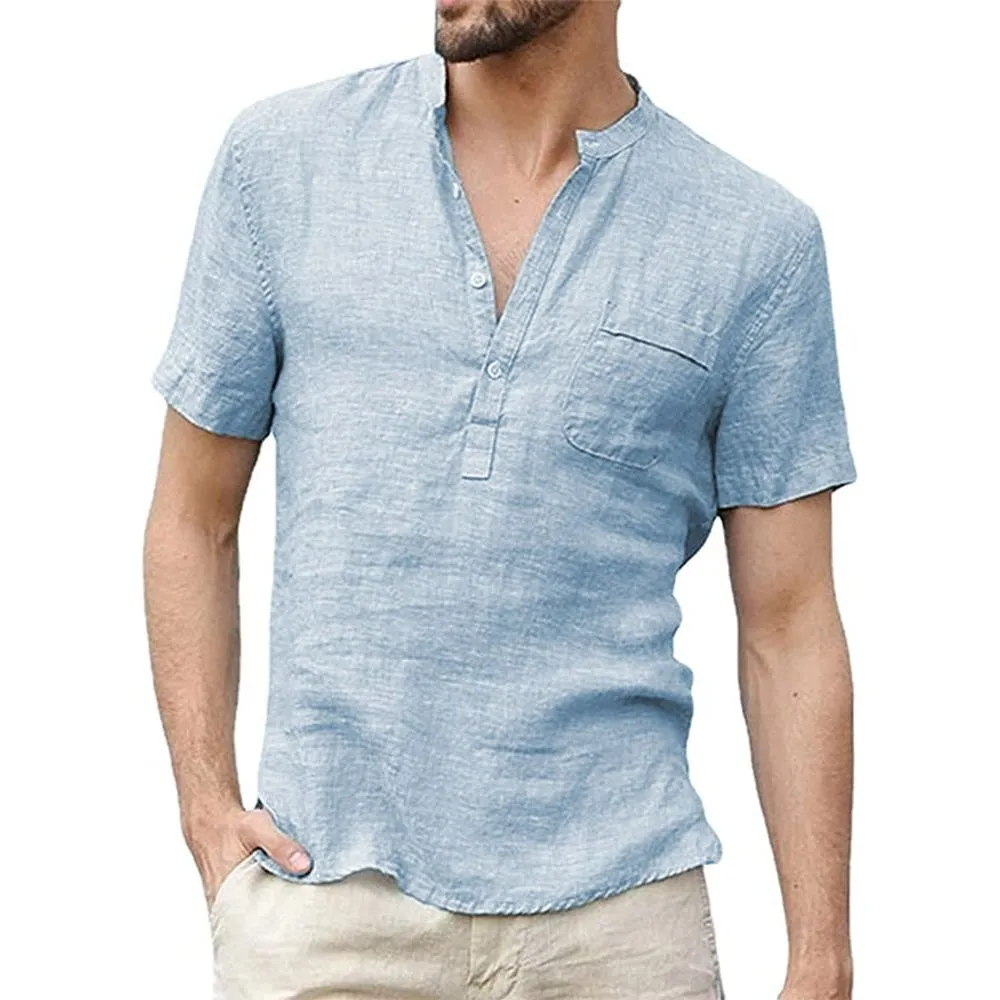 Summer Men's Short-Sleeved Cotton Linen T-shirt Breathable S-3XL