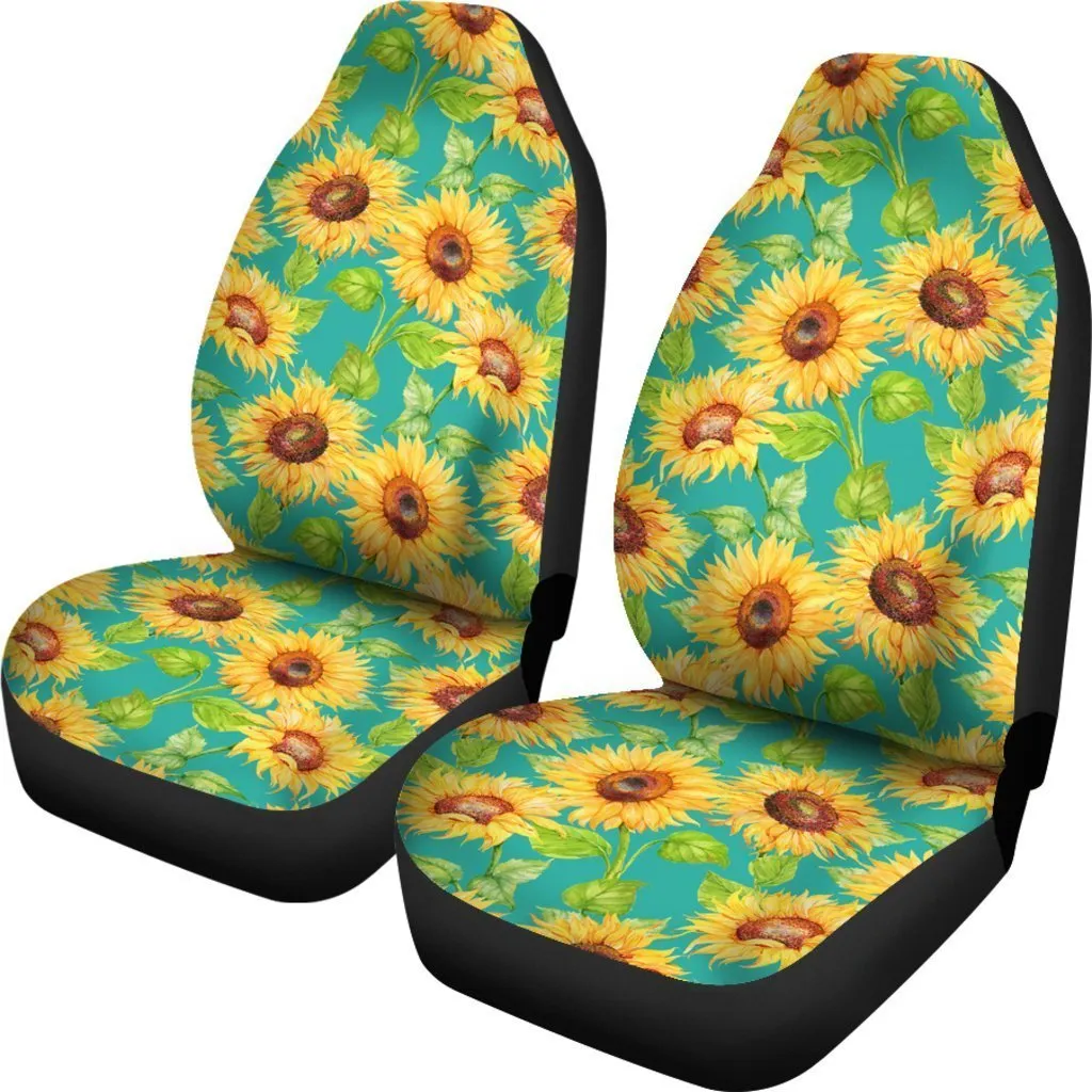 Teal Watercolor Sunflower Pattern Print Universal Fit Car Seat Covers