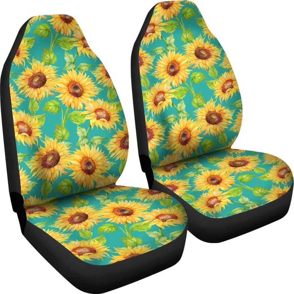 Teal Watercolor Sunflower Pattern Print Universal Fit Car Seat Covers