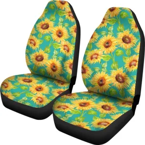 Teal Watercolor Sunflower Pattern Print Universal Fit Car Seat Covers
